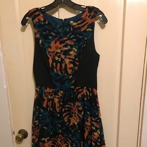 Black, orange, turquoise jungle like dress